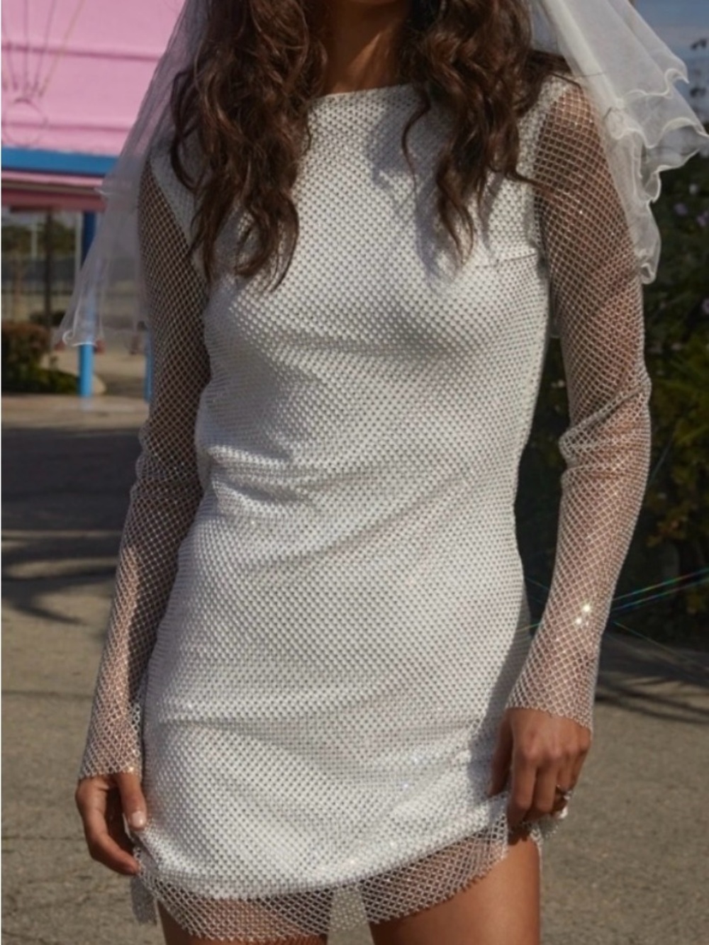 12th Tribe White Mesh Long-Sleeve Mini Dress
